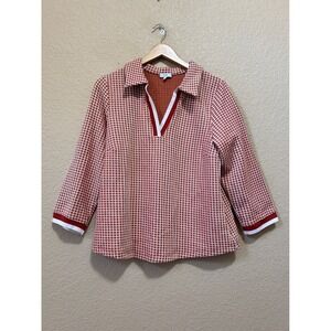 VOY Size M Polo Neck Grid Knit Top Terracotta White Retro Preppy Pullover
